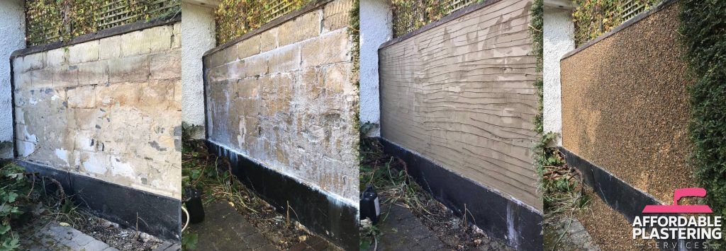 An outside wall in four stages, from stripped back to rendered and pebble dashed